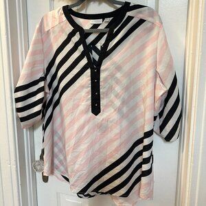 NY & Co Vneck 3/4 sleeve Black, Pink and White Striped Semi Sheer Blouse-XL